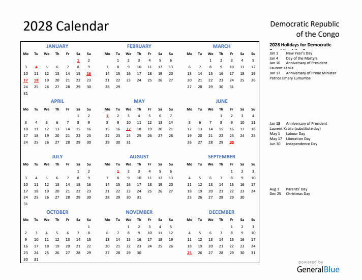 2028 Calendar with Holidays for Democratic Republic of the Congo