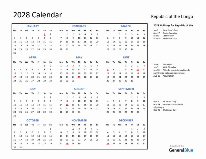 2028 Calendar with Holidays for Republic of the Congo