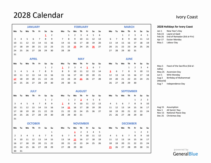 2028 Calendar with Holidays for Ivory Coast