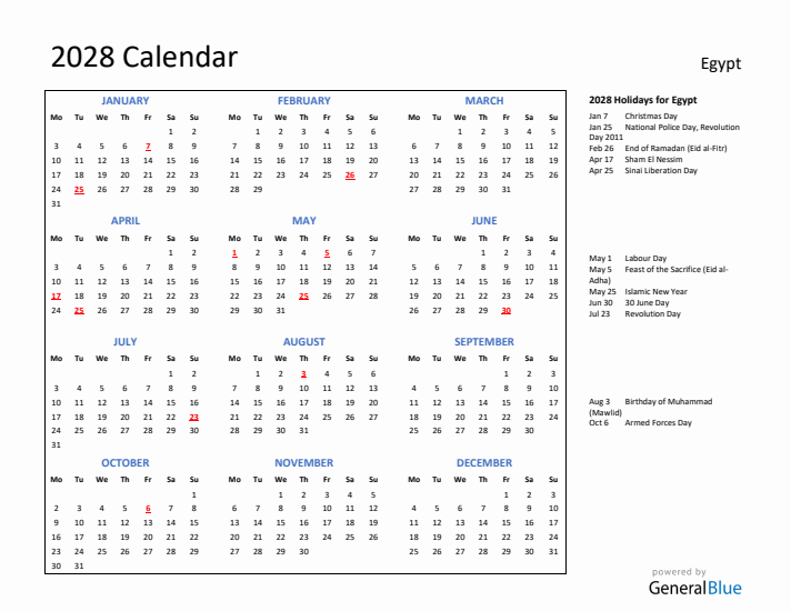 2028 Calendar with Holidays for Egypt