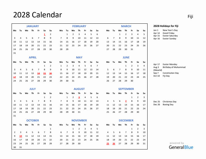 2028 Calendar with Holidays for Fiji