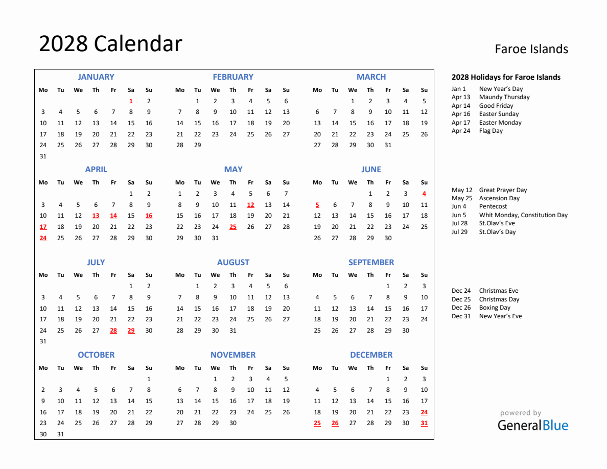 2028 Calendar with Holidays for Faroe Islands - Monday Start