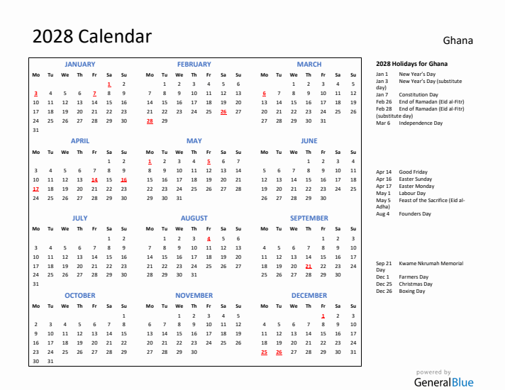 2028 Calendar with Holidays for Ghana