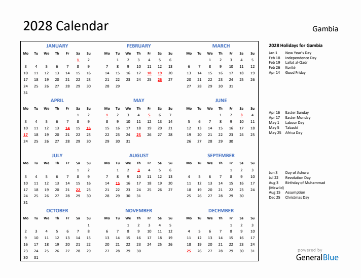 2028 Calendar with Holidays for Gambia