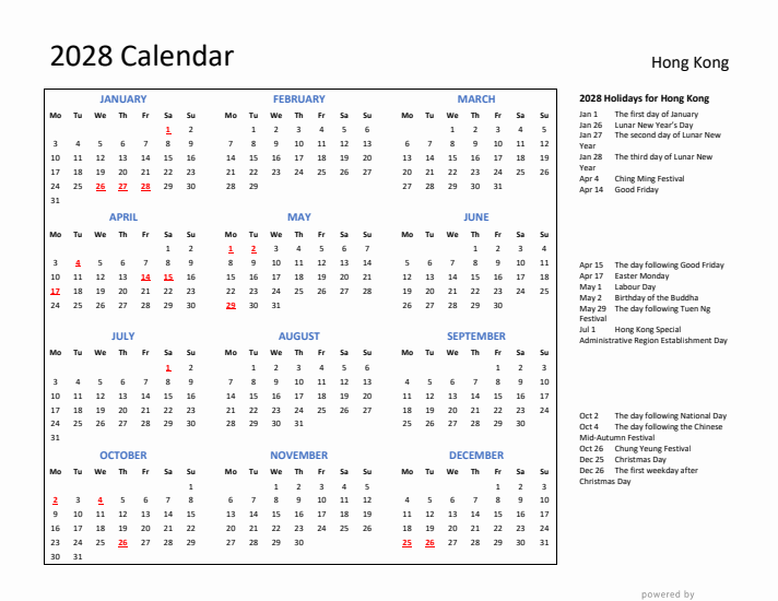 2028 Calendar with Holidays for Hong Kong