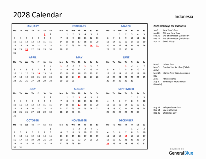 2028 Calendar with Holidays for Indonesia