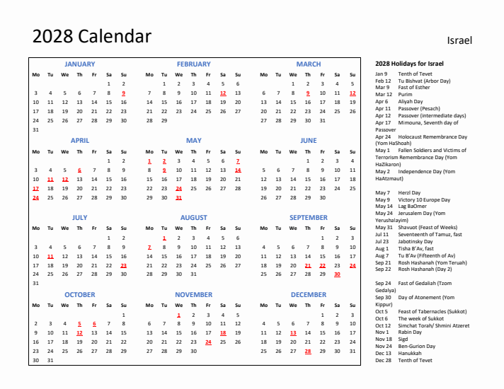 2028 Calendar with Holidays for Israel