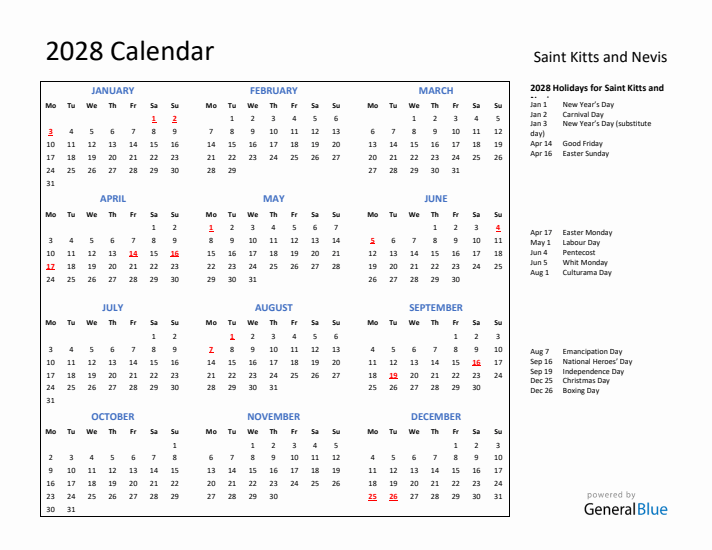 2028 Calendar with Holidays for Saint Kitts and Nevis