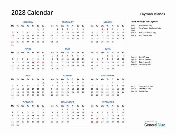 2028 Calendar with Holidays for Cayman Islands