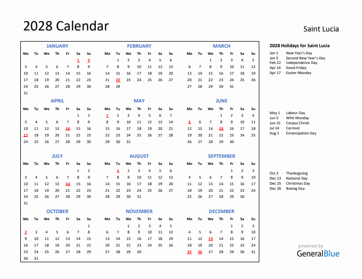 2028 Calendar with Holidays for Saint Lucia