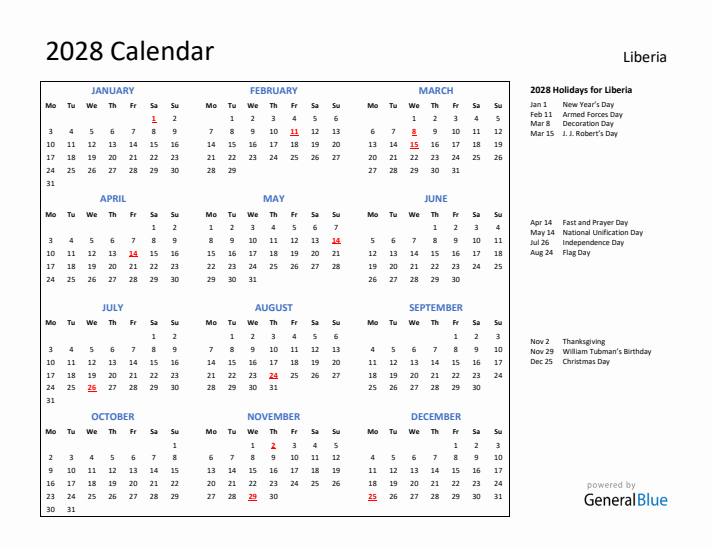 2028 Calendar with Holidays for Liberia