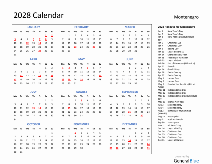 2028 Calendar with Holidays for Montenegro