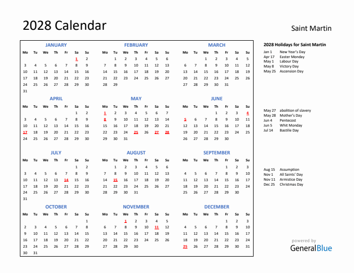 2028 Calendar with Holidays for Saint Martin