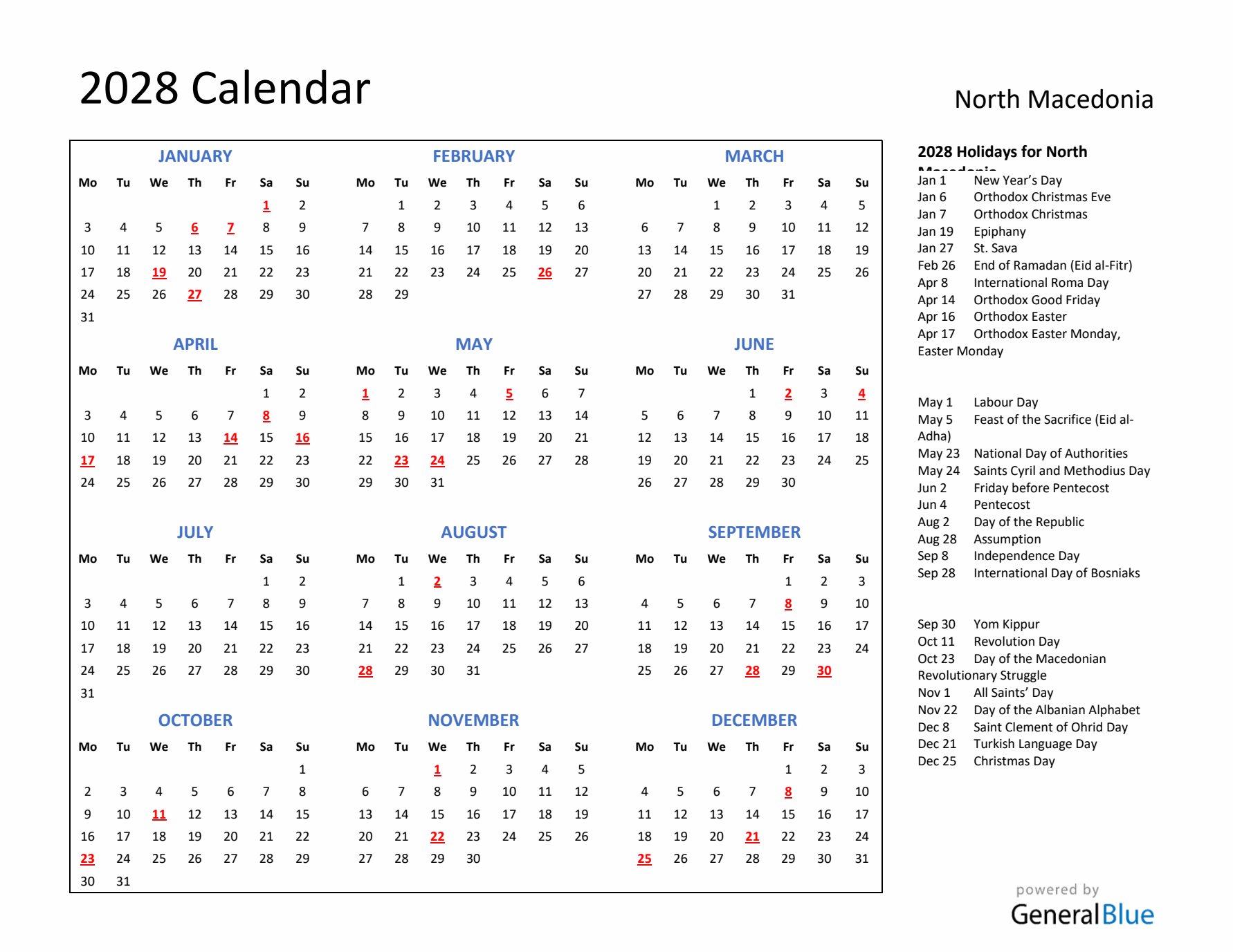 2028 Calendar with Holidays for North Macedonia