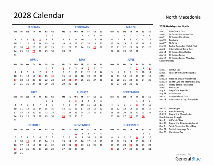 2028 Calendar with Holidays for North Macedonia