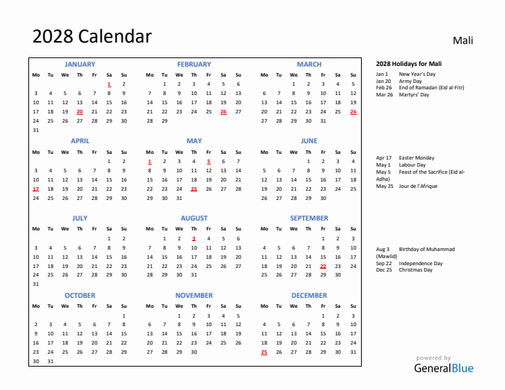 2028 Calendar with Holidays for Mali