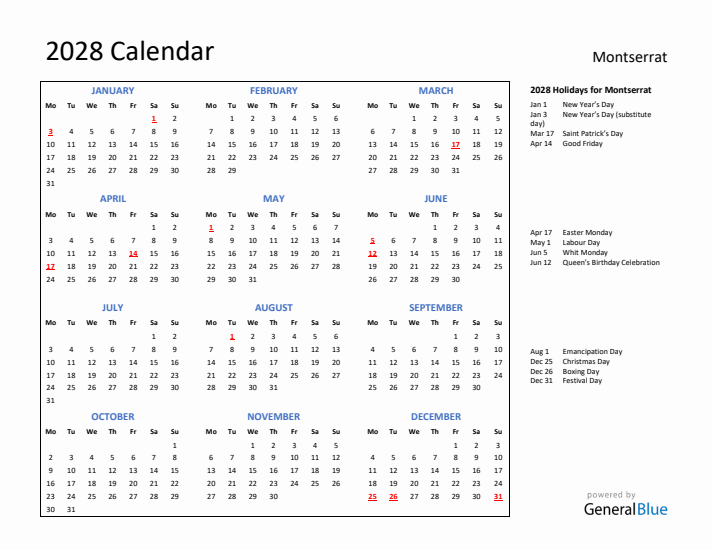 2028 Calendar with Holidays for Montserrat