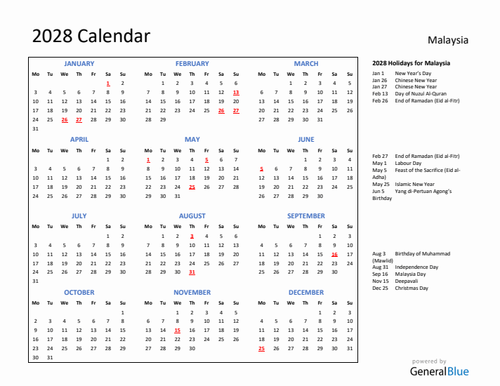 2028 Calendar with Holidays for Malaysia