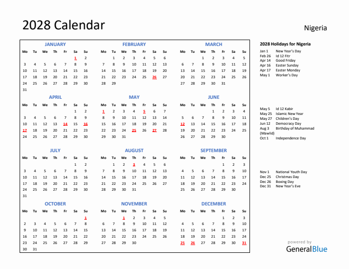 2028 Calendar with Holidays for Nigeria