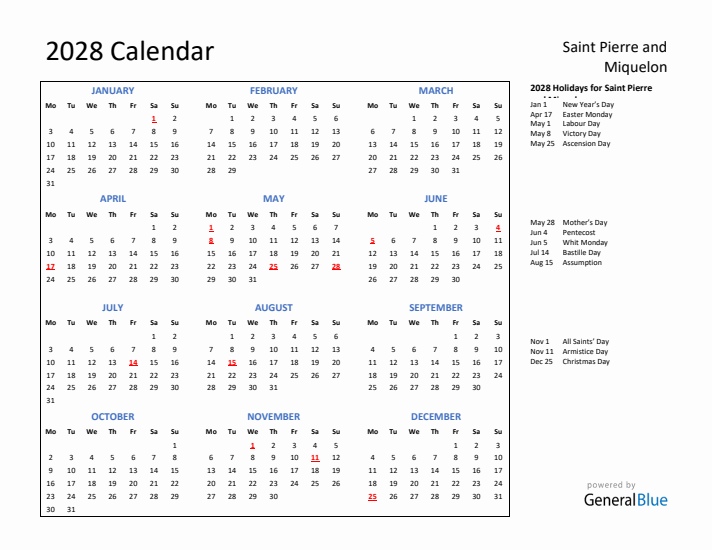 2028 Calendar with Holidays for Saint Pierre and Miquelon