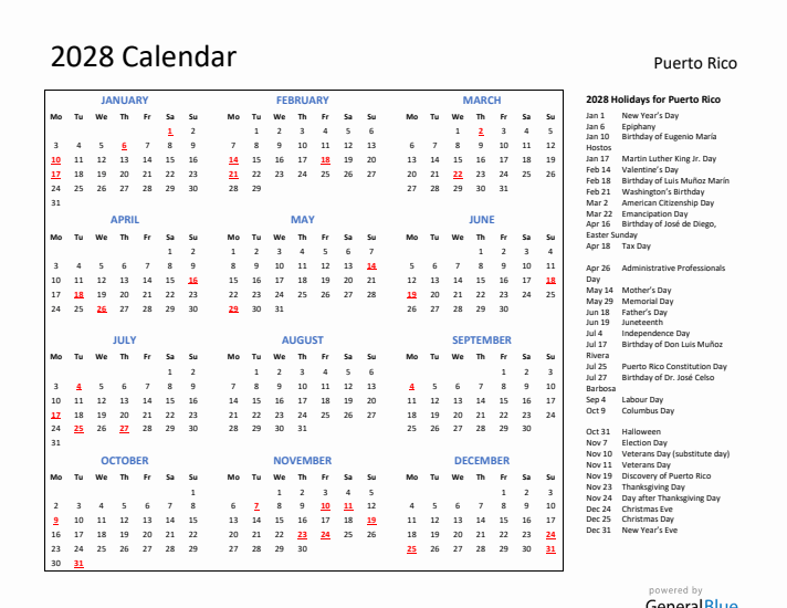 2028 Calendar with Holidays for Puerto Rico