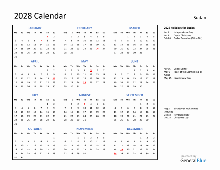 2028 Calendar with Holidays for Sudan