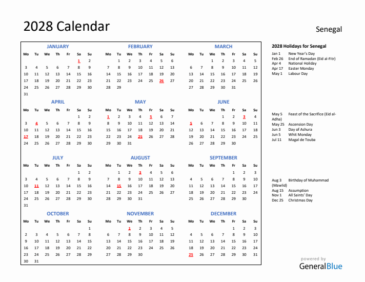 2028 Calendar with Holidays for Senegal