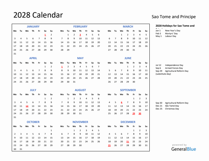 2028 Calendar with Holidays for Sao Tome and Principe