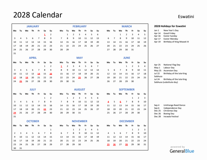 2028 Calendar with Holidays for Eswatini