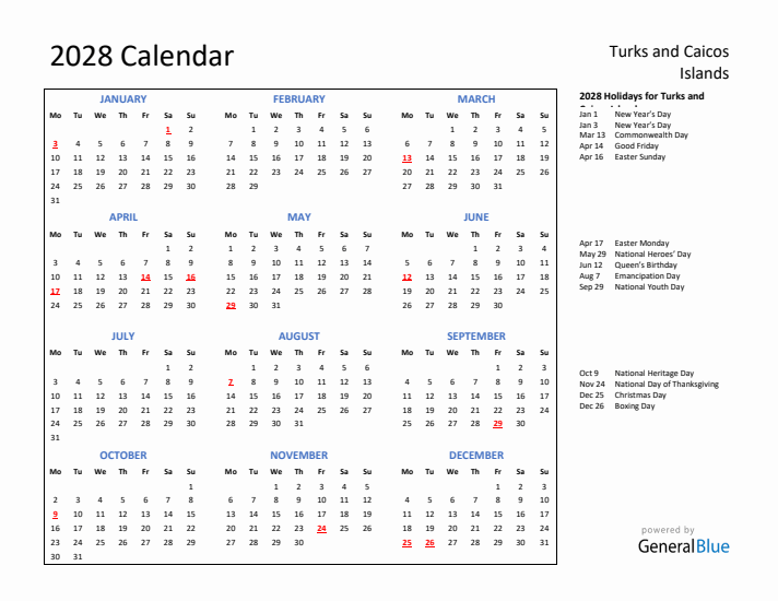 2028 Calendar with Holidays for Turks and Caicos Islands