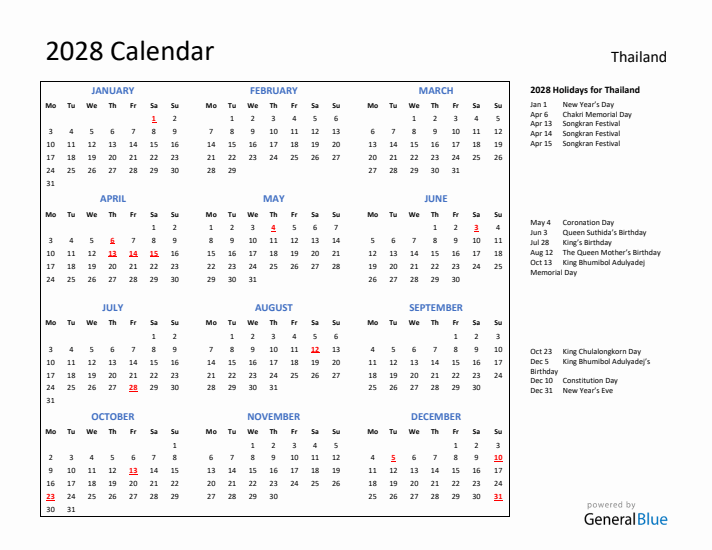 2028 Calendar with Holidays for Thailand
