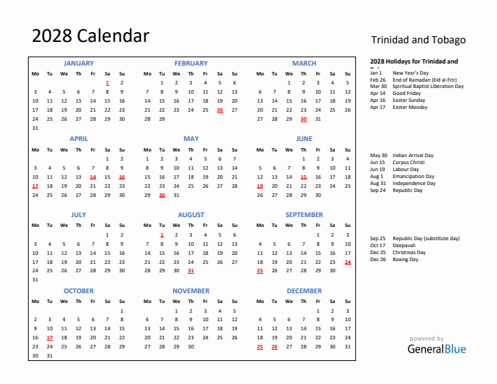 2028 Calendar with Holidays for Trinidad and Tobago
