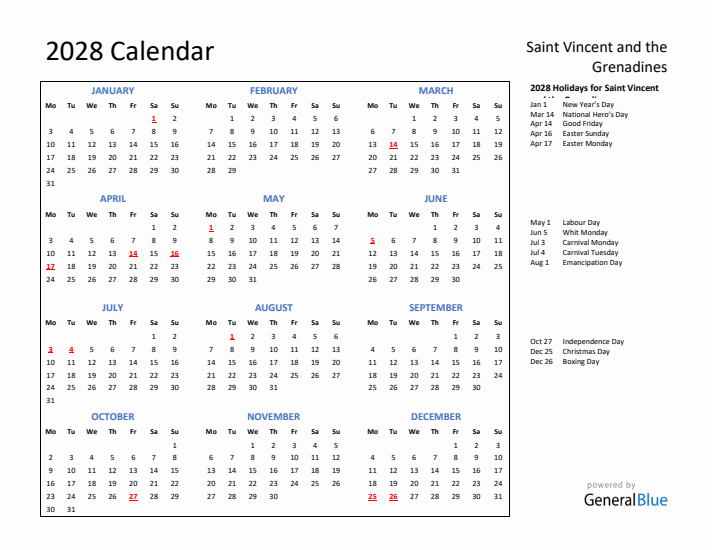 2028 Calendar with Holidays for Saint Vincent and the Grenadines