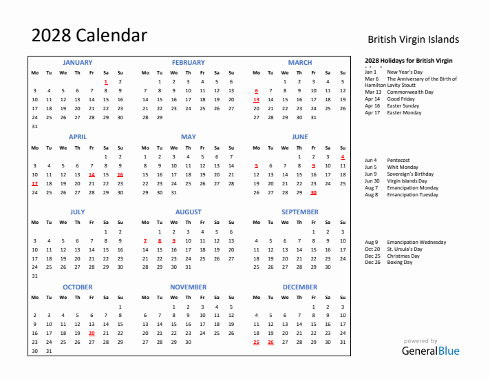 2028 Calendar with Holidays for British Virgin Islands