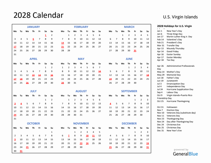 2028 Calendar with Holidays for U.S. Virgin Islands