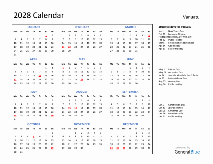 2028 Calendar with Holidays for Vanuatu