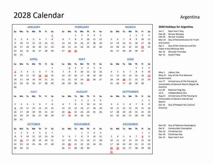 2028 Calendar with Holidays for Argentina