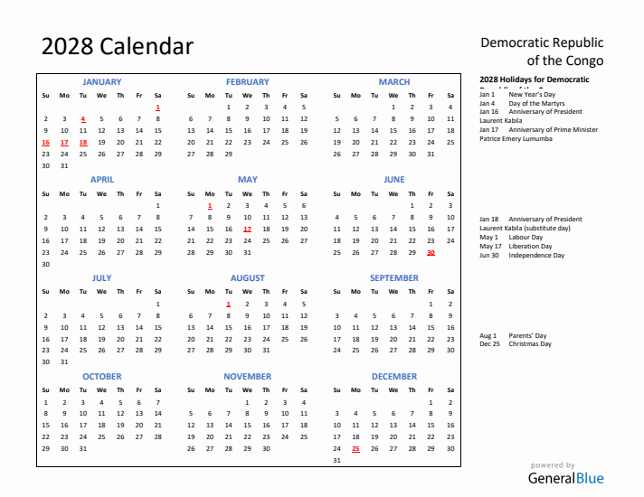 2028 Calendar with Holidays for Democratic Republic of the Congo