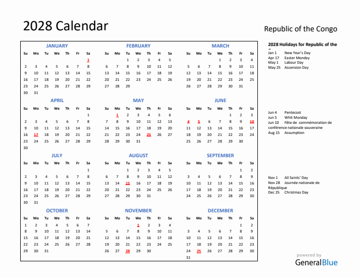 2028 Calendar with Holidays for Republic of the Congo