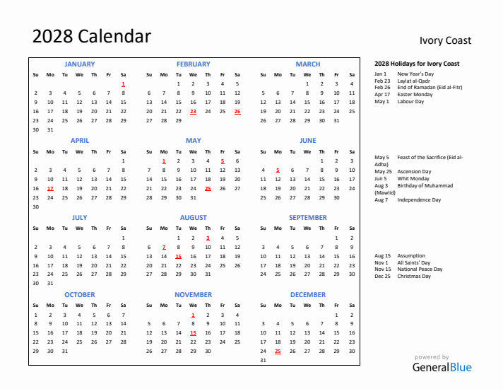 2028 Calendar with Holidays for Ivory Coast