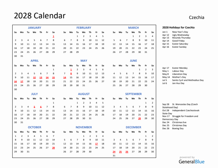 2028 Calendar with Holidays for Czechia