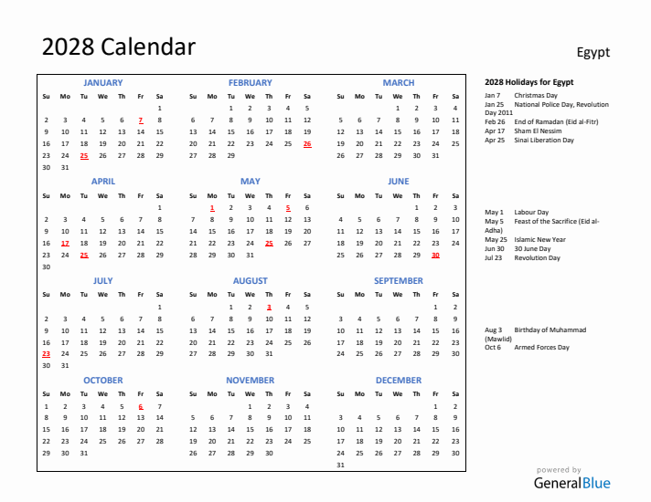 2028 Calendar with Holidays for Egypt