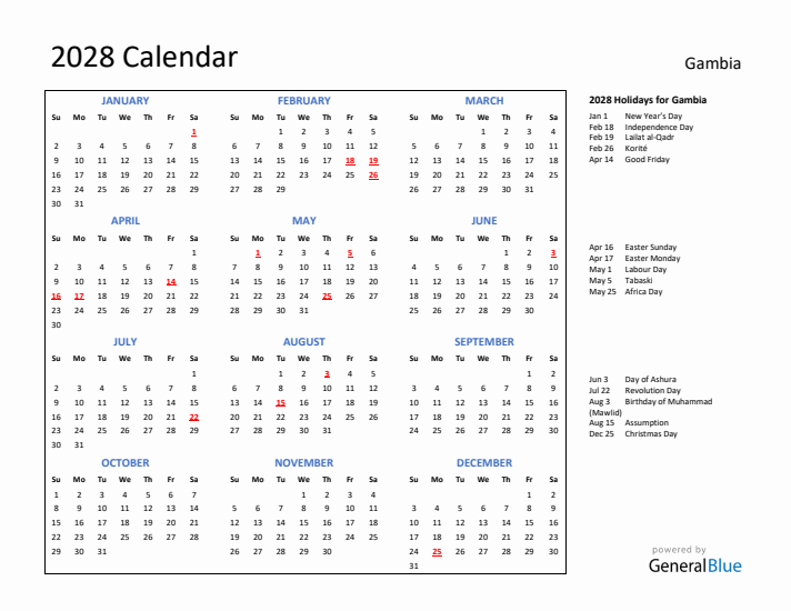 2028 Calendar with Holidays for Gambia