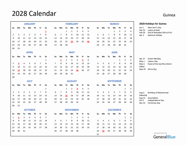 2028 Calendar with Holidays for Guinea