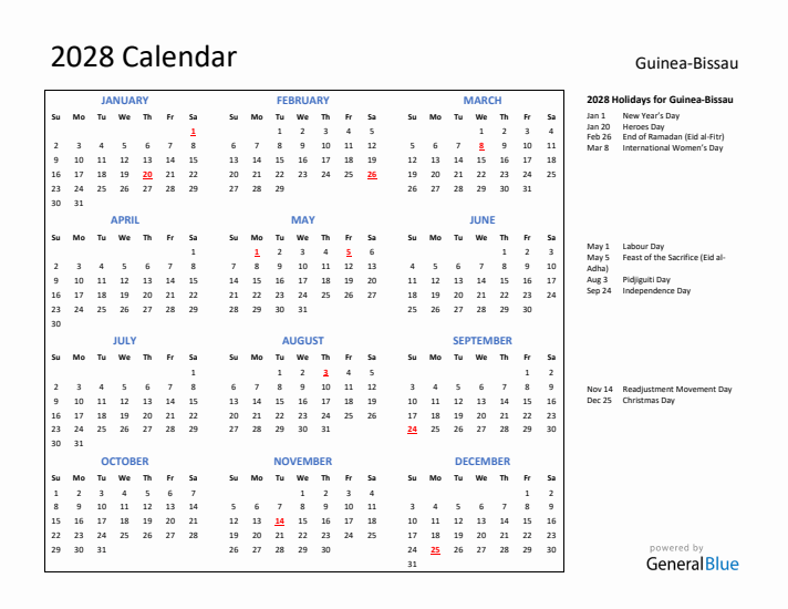 2028 Calendar with Holidays for Guinea-Bissau