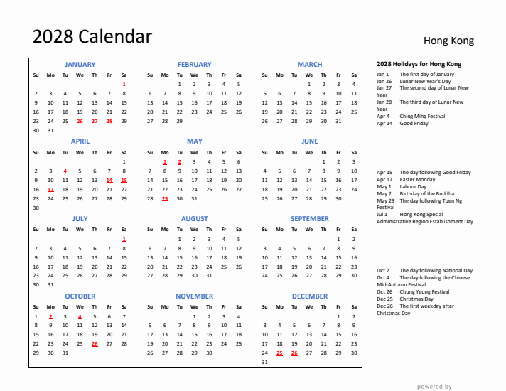 2028 Calendar with Holidays for Hong Kong