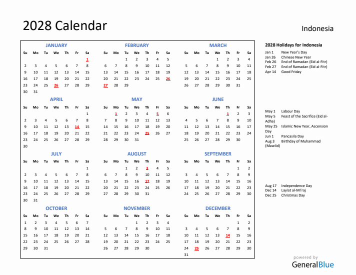 2028 Calendar with Holidays for Indonesia