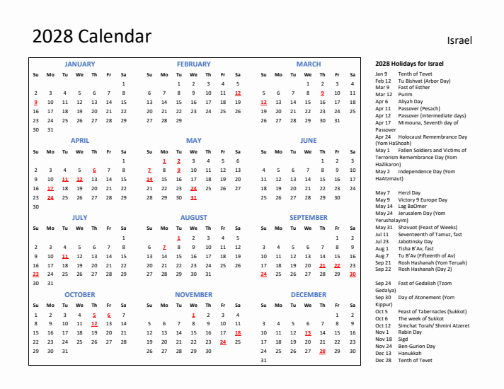 2028 Calendar with Holidays for Israel