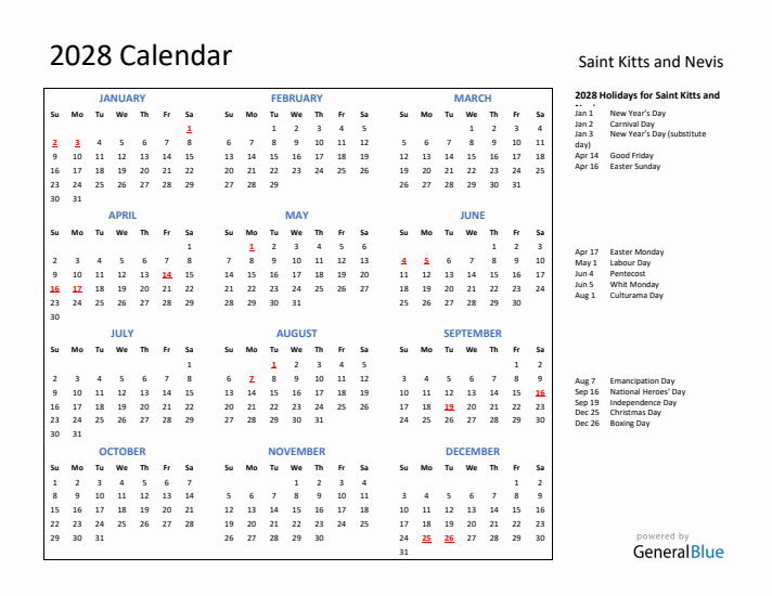 2028 Calendar with Holidays for Saint Kitts and Nevis