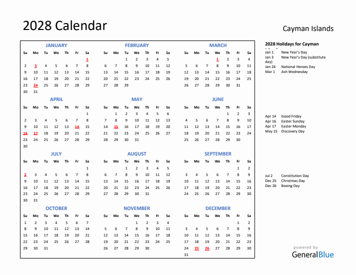 2028 Calendar with Holidays for Cayman Islands